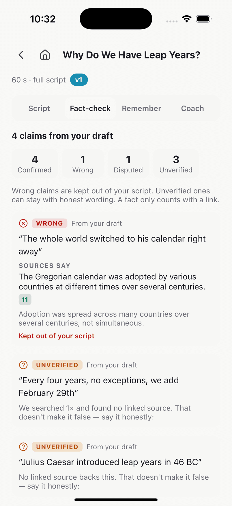 Script Agent fact-check tab in the TrueSay app: four claims confirmed, one wrong, one disputed, three unverified. The wrong claim, that the whole world switched calendars right away, is kept out of the script with what the sources say instead.